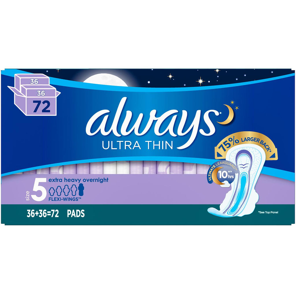Always Ultra Thin, Size 5, Extra Heavy Overnight Pads With Wings, Unscented (72 ct.)