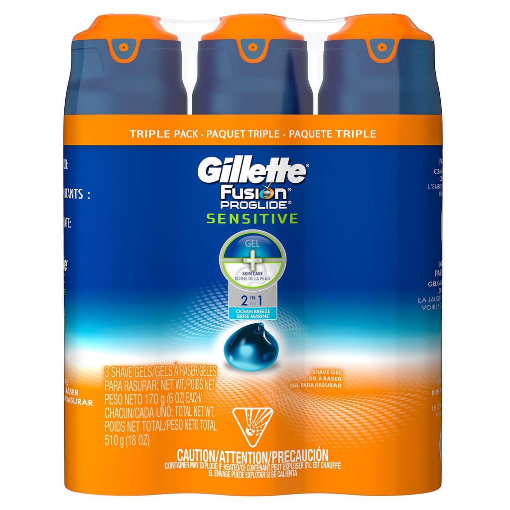 Gillette Fusion ProGlide Sensitive 2-in-1 Shave Gel, Ocean Breeze (6 oz. ea., 3 pk.)