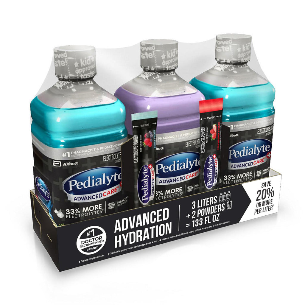 Pedialyte AdvancedCare Plus Electrolyte Solution with 3X the Electrolytes and PreActiv Prebiotics (3 - 1 Liter Bottles and 2 Powder Packets)