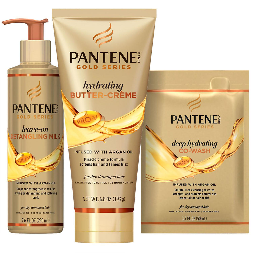 Pantene Gold Series Styling & Moisturizing Pack With Hydrating Butter-Creme, Detangling Milk Treatment and Co-Wash