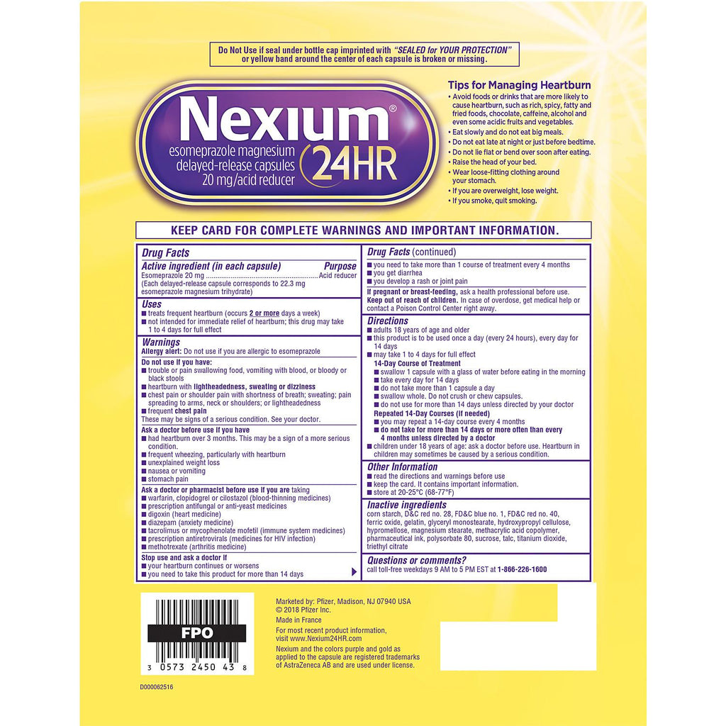 Nexium 24HR Delayed Release Acid Reducer 20mg. (42 Capsules)